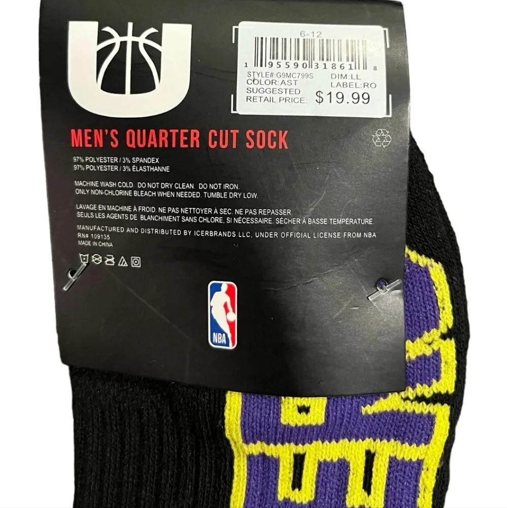 LA Lakers NBA Socks Men's Shoe Size 6-12 Pack Of 3 1/4 Cut - Picture 4 of 11